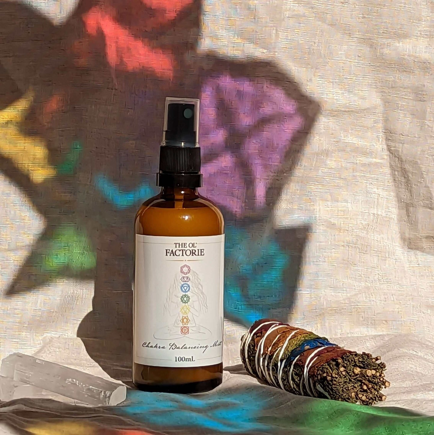 100ml Bottle of Chakra Balancing Mist colourful background 30ml 50ml