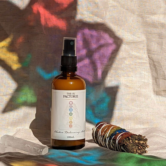 100ml Bottle of Chakra Balancing Mist colourful background 30ml 50ml